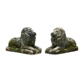 Large Pair of Cast Stone Recumbent Lions