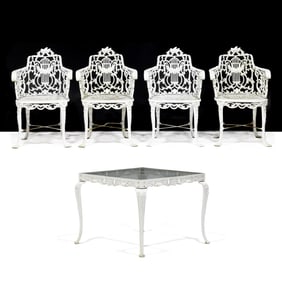 Manner of Robert Wood, Aluminum Patio Table and Four Chairs