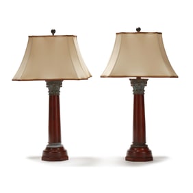 Attributed Theodore Alexander, Pair of Corinthian Column Table Lamps with Shades