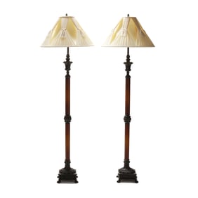 Pair of Theodore Alexander Bronze and Leather Floor Lamps with Shades