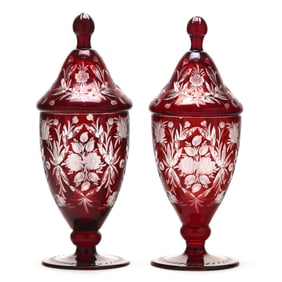 Pair of Bohemian Red Cut-to-Clear Glass Lidded Mantle Urns