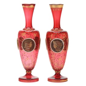 Attributed Moser, Pair of Cranberry and Gilt Glass Egyptian Revival Vases