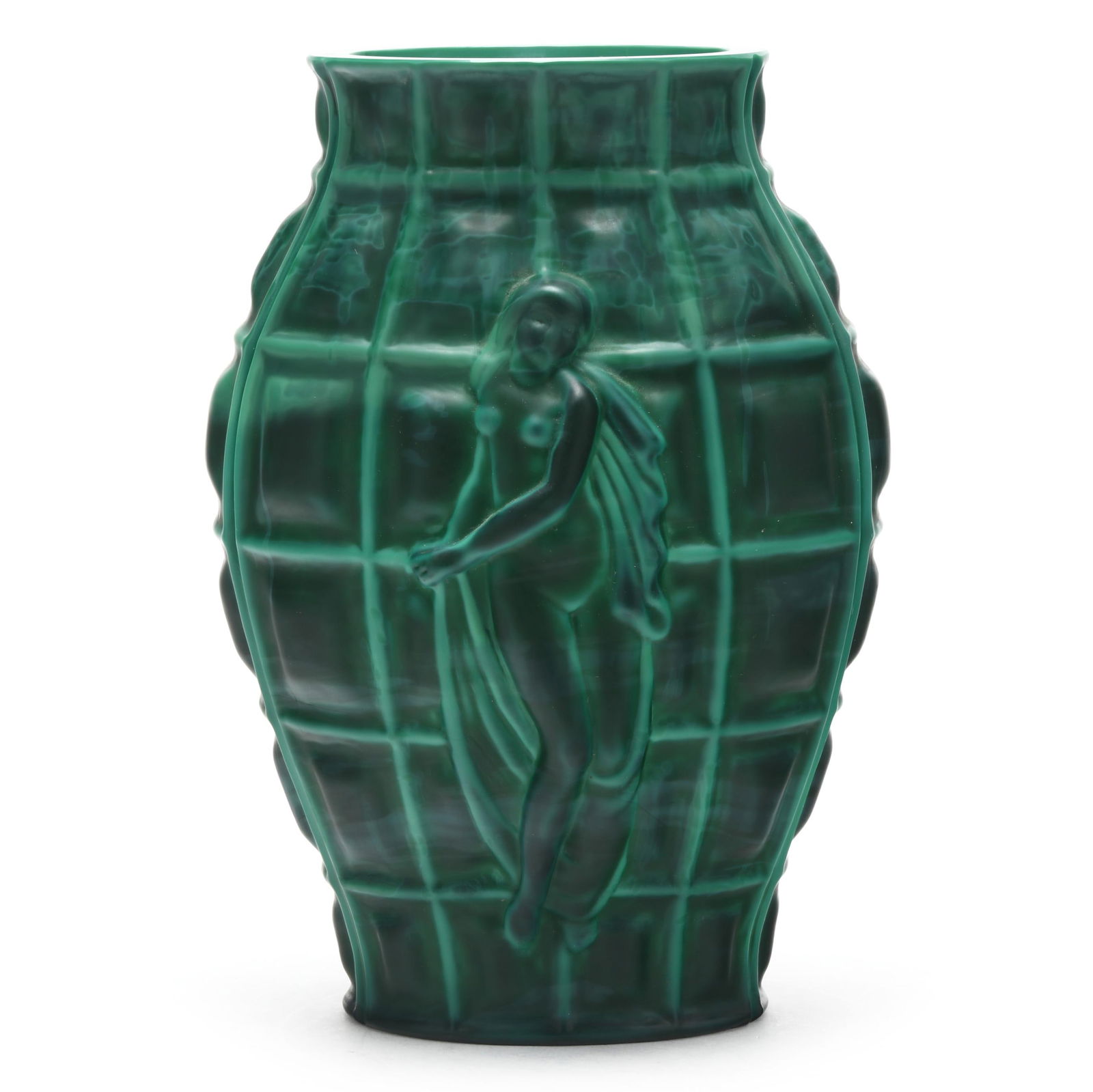Attributed Curt Schlevogt, Art Deco Ingrid Malachite Vase: Attributed Curt Schlevogt, Art Deco Ingrid Malachite VaseCzechoslovakia, post-1945 production circa 1950, malachite glass baluster vase with grid ribbing and relief female nude to each side, unmarked.