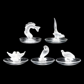 Five Lalique Crystal Round Pin Trays