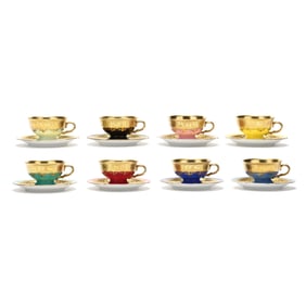 Set of Colorful DW Porzellan Demitasse Cups and Saucers with Box