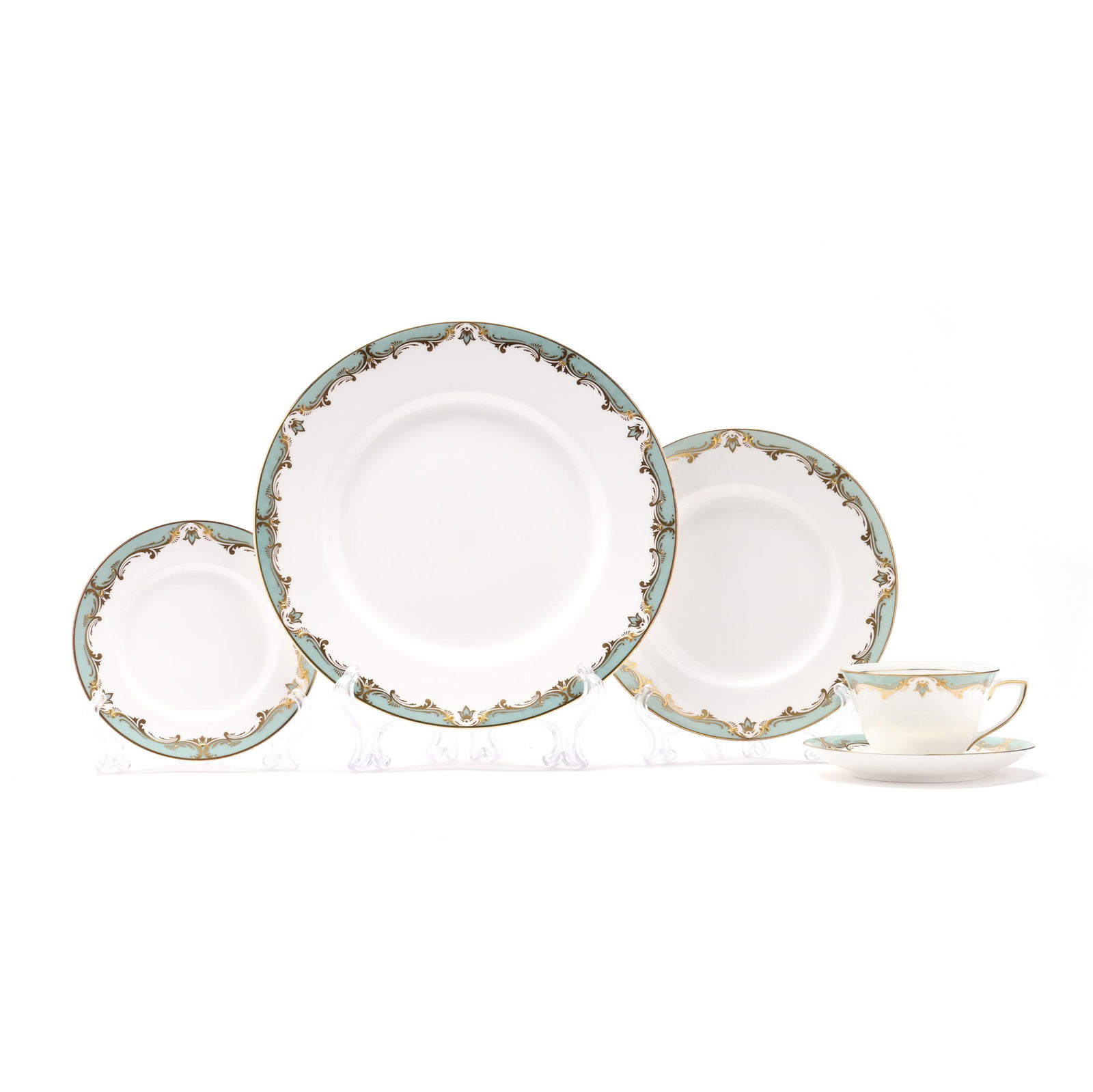 Royal Worcester Devonshire Porcelain Service for Twelve: Royal Worcester Devonshire Porcelain Service for Twelve(60) pieces, England, 1965-71, blue-green and gilt fine bone china pieces to include (12) dinner plates (10 5/8 in.); (12) salad plates (8 in.);
