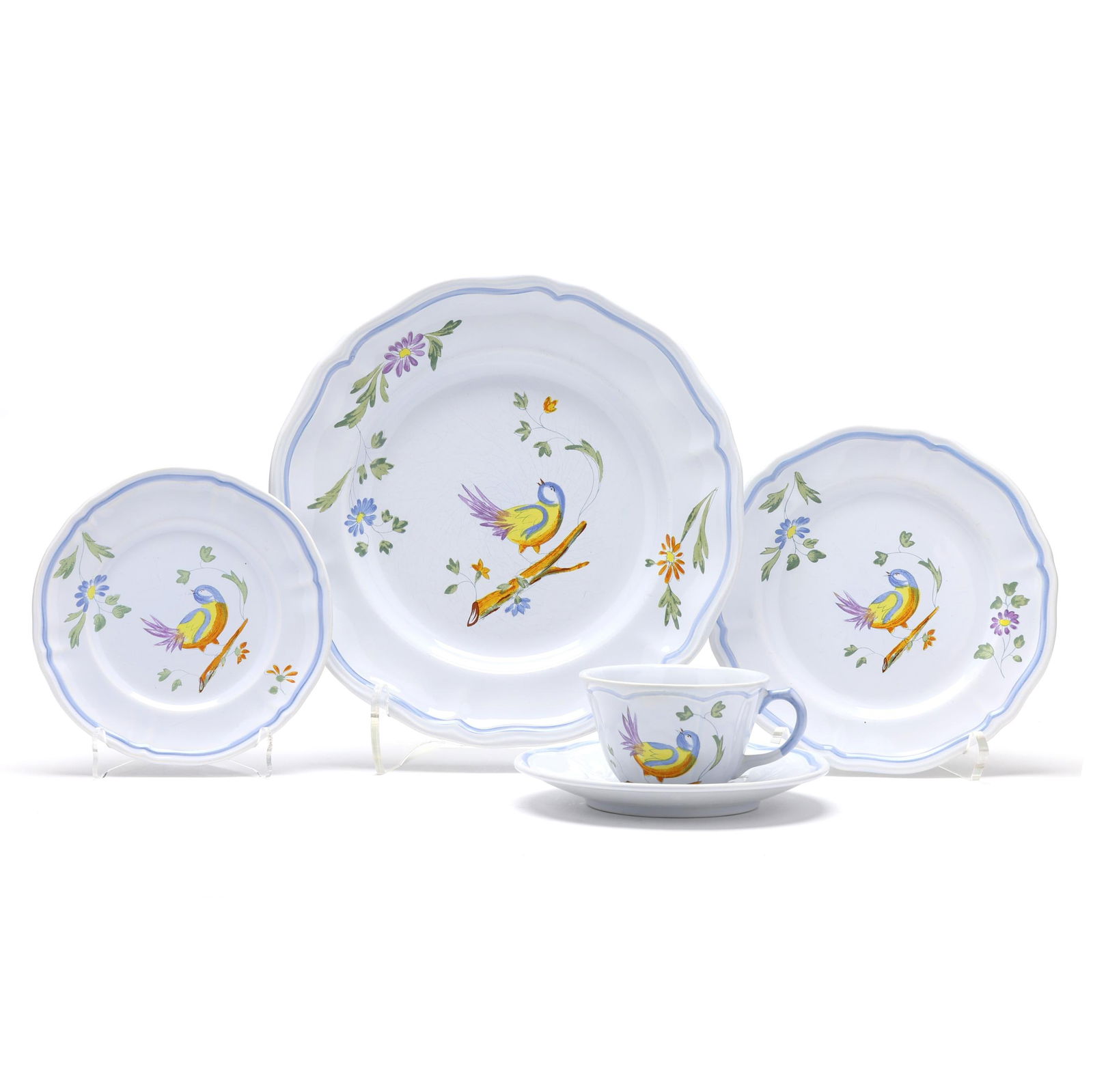 Set of Longchamp Perouges China: Set of Longchamp Perouges China(43) pieces, France, late 20th century, hand-painted discontinued pattern, to include (9) dinner plates (10 1/8 in.); (8) salad plates (7 1/2 in.); (8) bread and butter