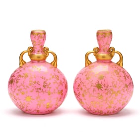 Pair of Minton Gold Encrusted Pink Porcelain Moon Flasks for Tiffany & Co.