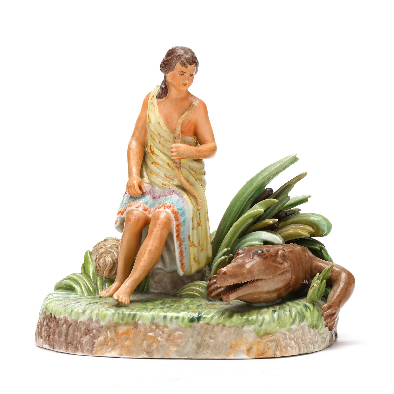 Royal Copenhagen, Rare Antique Porcelain Allegorical Figure of America: Royal Copenhagen, Rare Antique Porcelain Allegorical Figure of America circa 1775, blue waves factory mark, hand-painted and gilt porcelain, the allegorical figure seated riverside, a mask head emergi