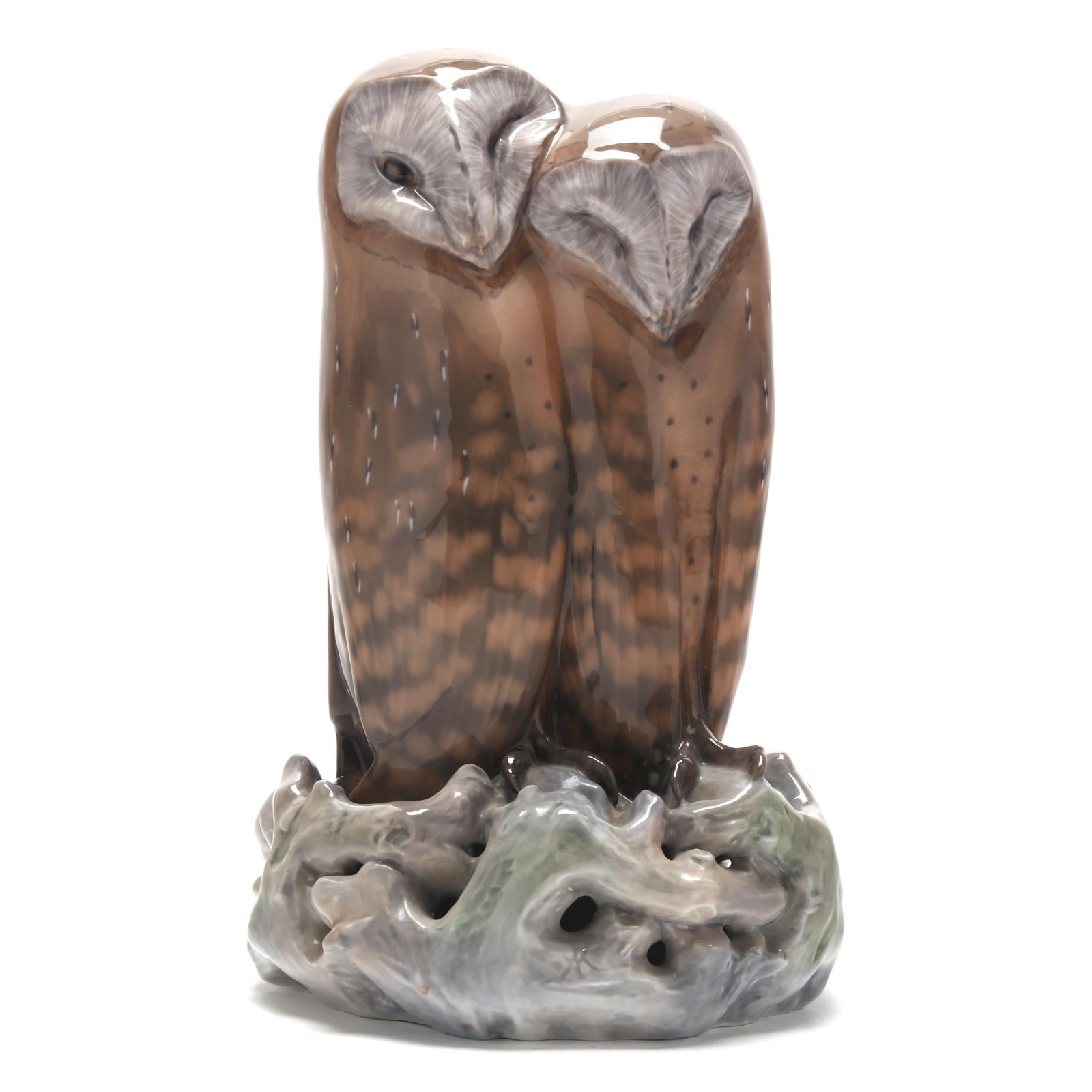 Royal Copenhagen, Pair of Porcelain Barn Owls: Royal Copenhagen, Pair of Porcelain Barn Owls1920s-1940s, designed by Arnold Krog (Danish, 1856-1931), model no. 283, hand-painted porcelain with painter's initials, company backstamp, and partial old