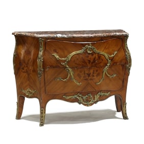 Louis XVI Style Marble Top Marquetry Inlaid and Ormolu Mounted Bombe Commode