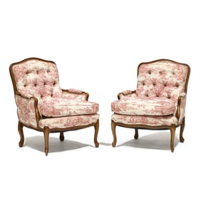 Pair of Louis XV Style Toile Upholstered Bergeres
