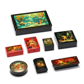 Eight Russian Kholui and Mstera Lacquer Boxes