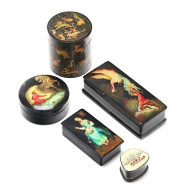 Five Hand-Painted and Gilt Lacquer Boxes