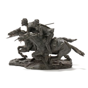 A Russian School Bronze Group of Two Cossacks on Horseback