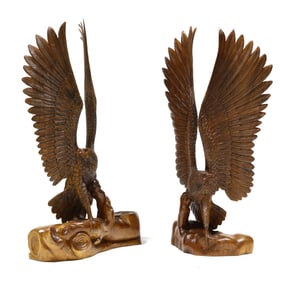 Impressive Pair of Large Black Forest Style Carved Wood Eagle Statues