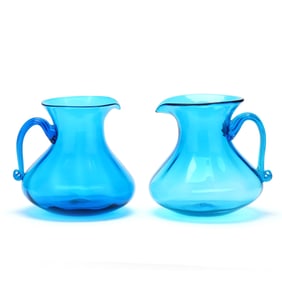 Pair of Large Blue Blenko Glass Pitchers