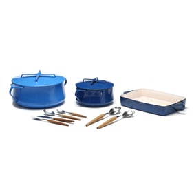 Three Dansk Cookware Vessels and a Wusthof Dreizack Teak Flatware Set