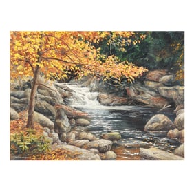 William Mangum (NC, b. 1953), A Wooded Pool with Waterfall in Autumn