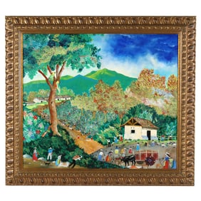 A South American Folk Art Landscape Painting with Figures, Signed "N. Robleto"