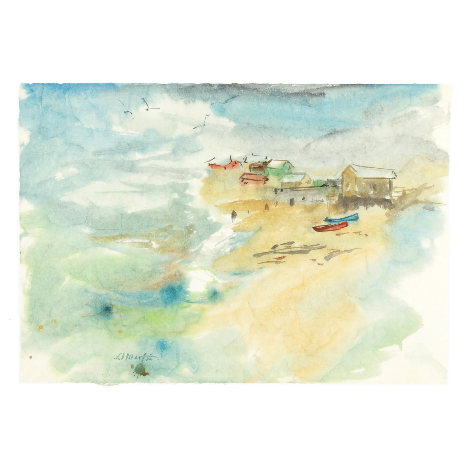 David Martin (NC), Evening Beach: David Martin (NC), Evening Beachwatercolor on chine collé paper mounted to canvas, retaining gallery label to verso, signed at lower left, framed. Sheet size 21 1/4 x 30 1/4 in.; Frame dimensions 30
