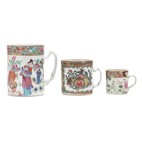Three Chinese Porcelain Famille Rose Tankards
