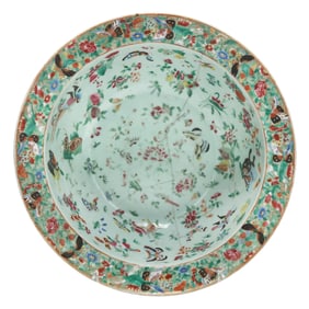 A Chinese Export Porcelain Celadon Ground Famille Rose Punch Bowl
