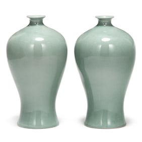 A Pair of Large Asian Celadon Crackle Glazed Vases
