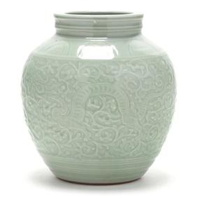 A Chinese Celadon Glazed Vase with Dragon
