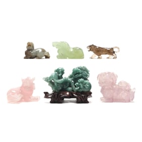 A Collection of Six Carved Hardstone and Glass Animals