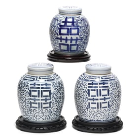 A Group of Three Chinese "Double Happiness" Ginger Jars with Covers