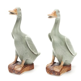 A Pair of Chinese Celadon Glazed Ducks