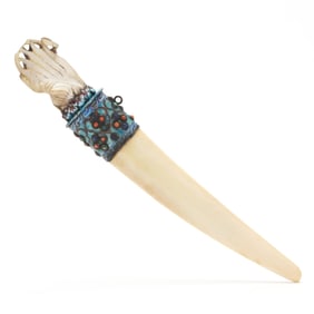 A Chinese Knife in Bone and Enamel Case with Mother of Pearl Carved Handle