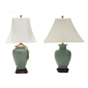 A Matched Pair of Asian Reticulated Celadon Table Lamps