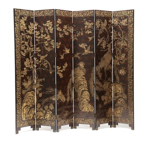 Contemporary Chinese Large Carved and Gilt Six Panel Floor Screen