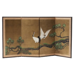 A Four Panel Japanese Folding Screen with Cranes