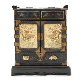 A Japanese Lacquer Cabinet with Inset Satsuma Panels Signed Kinokozan