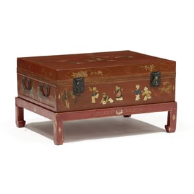 Chinese Lacquered Pig-Skin Trunk on Stand