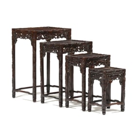 Nest of Four Chinese Carved Hardwood Tables