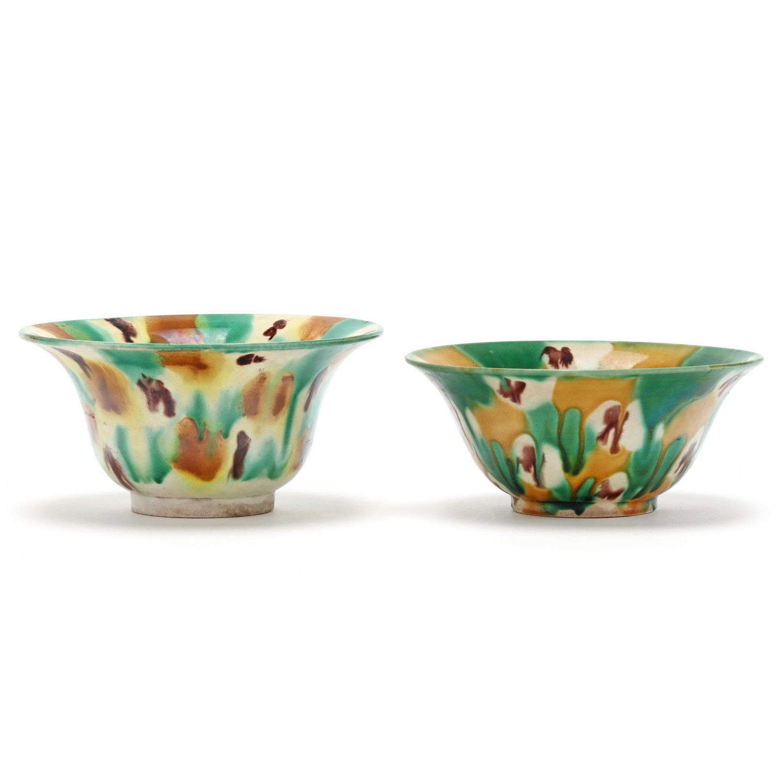 Two Chinese Spinach and Egg Glazed Bowls: Two Chinese Spinach and Egg Glazed Bowls 20th century, includes two bowls glazed with tiger spot decoration in yellow, green and dark aubergine enamels. 3 1/2 in., 7 in. diameter, 3 in., 6 3/4 in. dia