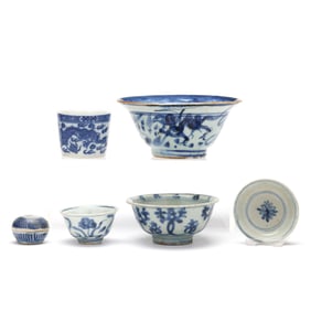A Group of Six Asian Blue and White Porcelain Bowls and Boxes