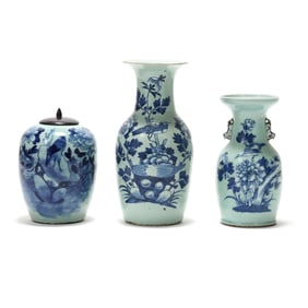 Three Chinese Blue and White Glazed Celadon Ground Vessels with Bird Decoration