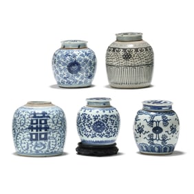 A Group of Five Chinese Blue and White Porcelain Ginger Jars