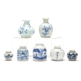 A Group of Seven Asian Blue and White Porcelain Jars and Jarlets
