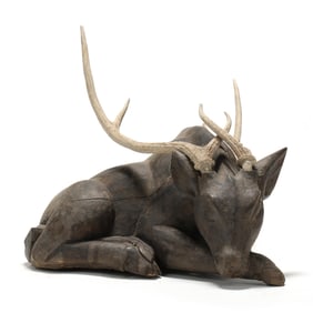 Southeast Asian Carved Wood Recumbent Stag