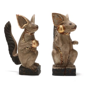 Two Fanciful Southeast Asian Carved and Painted Wooden Squirrels