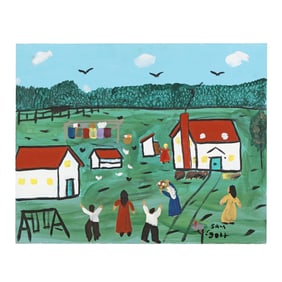 Sam Ezell (NC), Folk Art Painting of Figures on a Farm