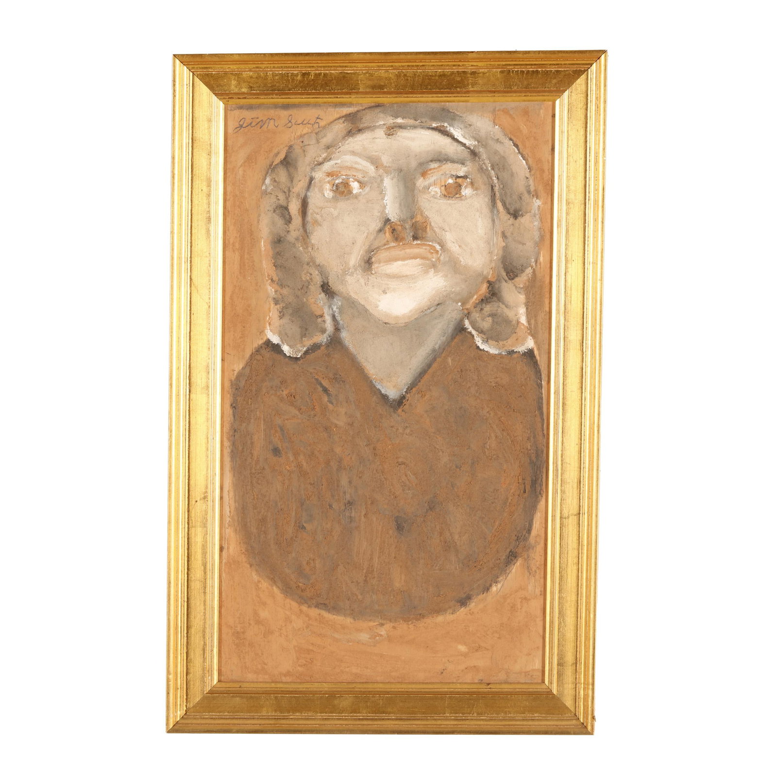 Jimmie Lee Sudduth (American, 1910-2007), Portrait of a Woman: Jimmie Lee Sudduth (American, 1910-2007), Portrait of a Woman"Sweet mud" on board, signed at upper left, presented in a giltwood frame. Board 24 3/8 x 13 3/8 in.; Frame dimensions 25 1/2 x 18 in. Jimm