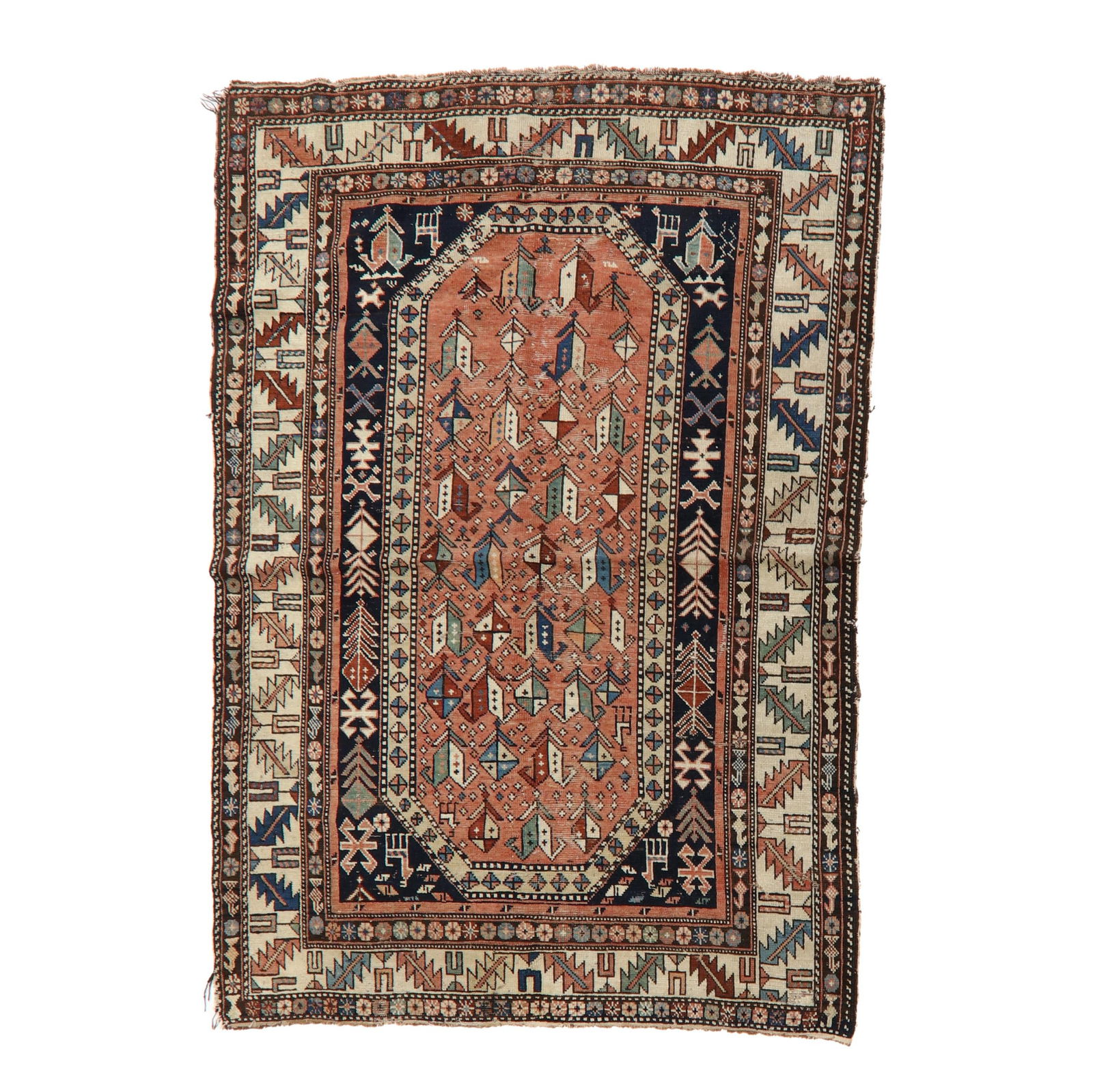 Kazak Area Rug: Kazak Area Rugwool on brown wool foundation; the central salmon red field with repeating stylized tulip motifs, surrounded by a navy field with stylized animal and floral and geometric motifs, the mai