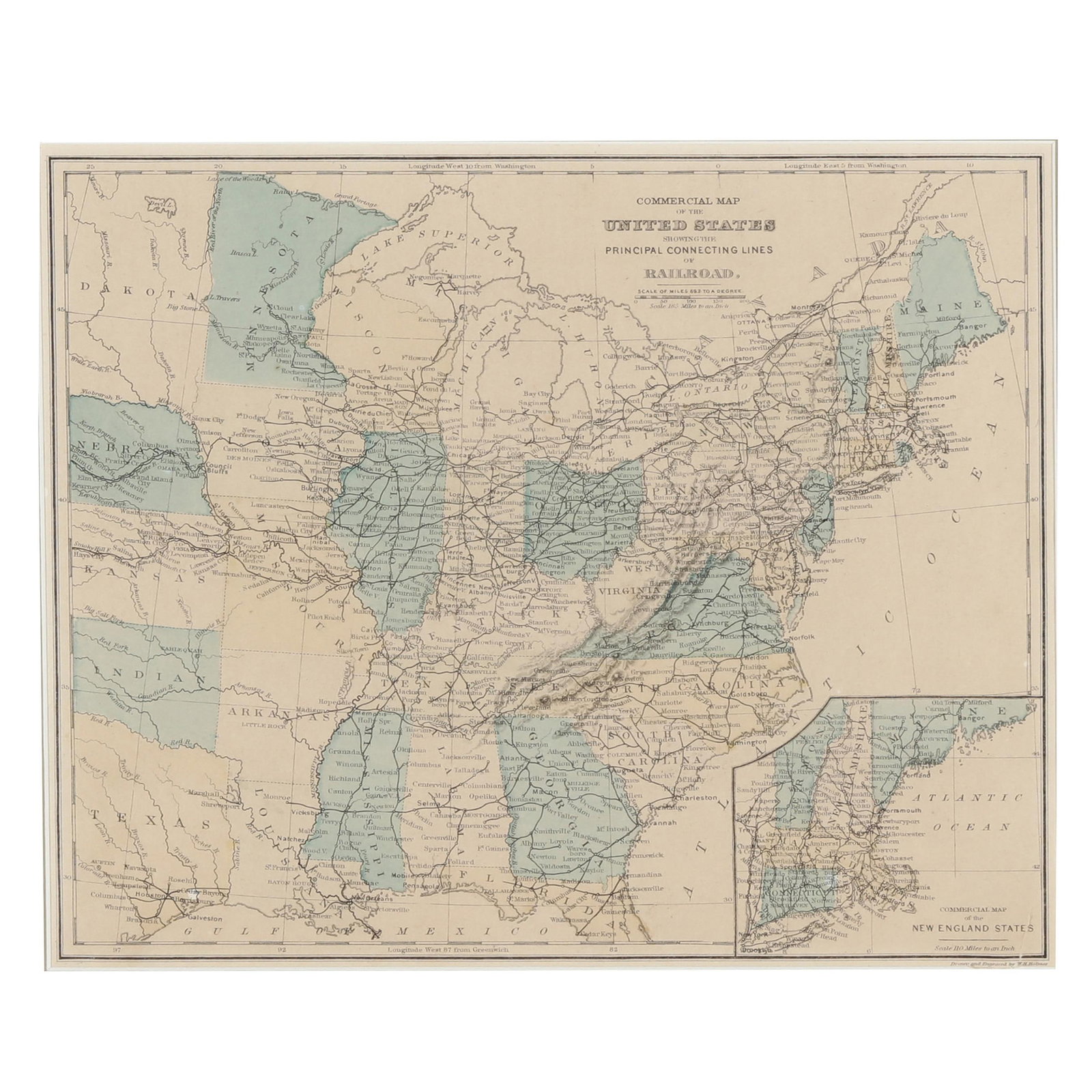 Warren's Railroad Map of the United States: Warren's Railroad Map of the United States D. M. Warren. COMMERCIAL MAP OF THE UNITED STATES SHOWING THE PRINCIPAL CONNECTING LINES OF RAILROAD. Circa 1870s. Drawn and engraved by W. H. Holmes; from W